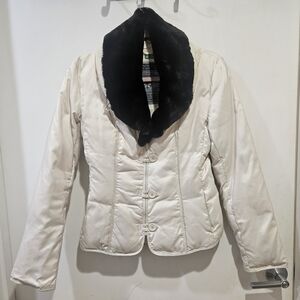United Colors Of Benetton Cream Puffer Jacket w/ Brown Faux Fur Removable Collar